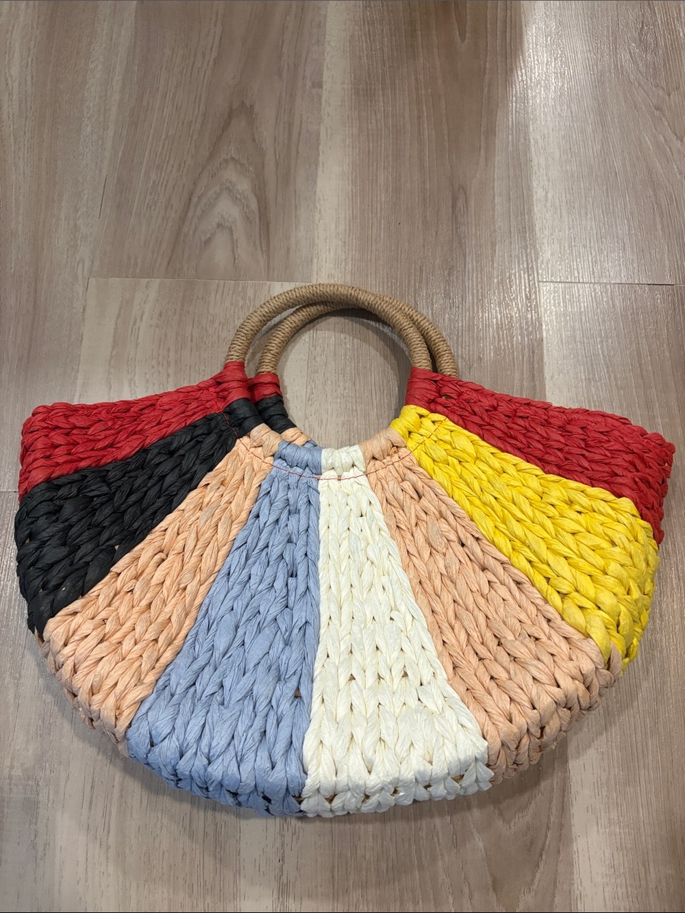 Multicolor Woven Circle-Handle Tote Bag
